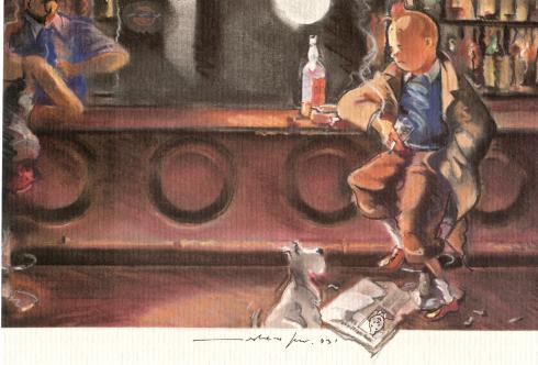 Esteve Fort -Hommage à Hergé - Tintin assis au comptoir 