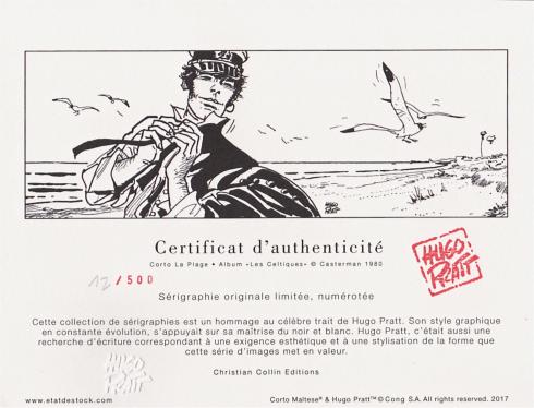 Pratt. Sérigraphie " Corto la plage" numérotée limitée. Album " les Celtiques "/ Casterman 1980