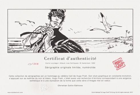 Pratt. Sérigraphie " Corto la plage" numérotée limitée. Album " les Celtiques "/ Casterman 1980